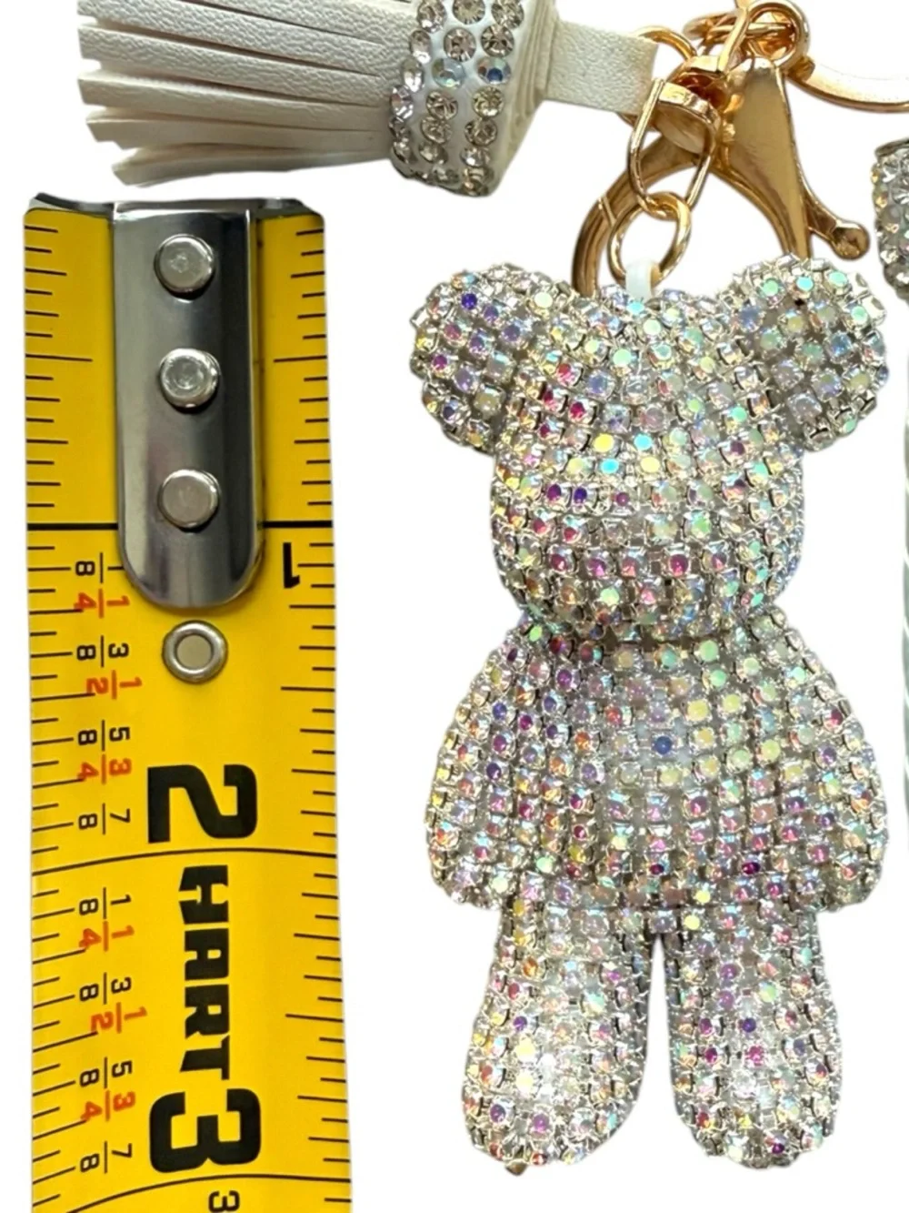 Rhinestone Bear Keychain AB Crystal White Braided Strap Tassel Bag Charm